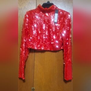 BCBGMAXAZRIA Embelished Mock Neck Sequin Long-Sleeve Crop Top -size 12